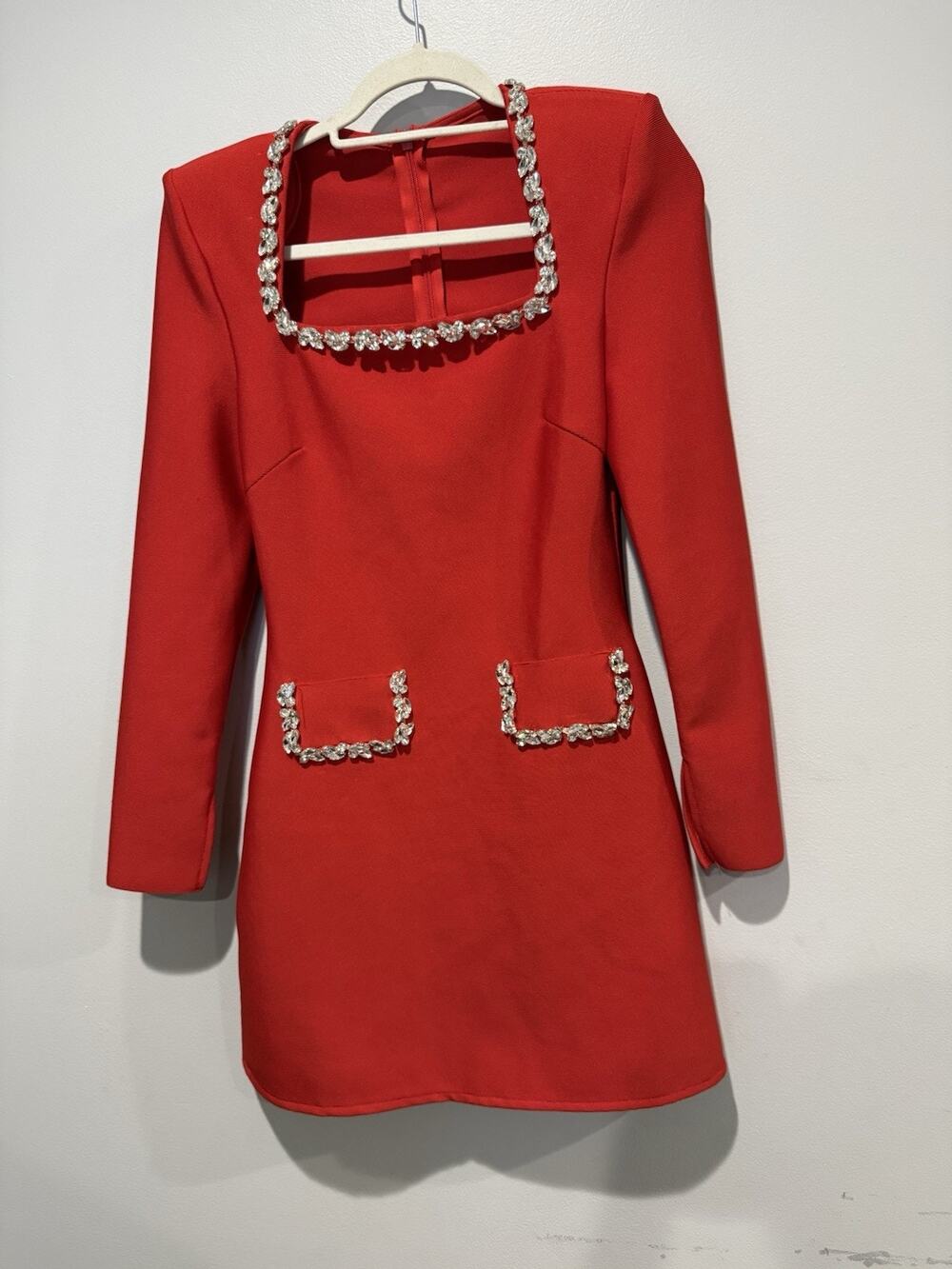 Red Rhinestone Embellished Mini Dress Long Sleeve Glam Holidays Long Sleeve M